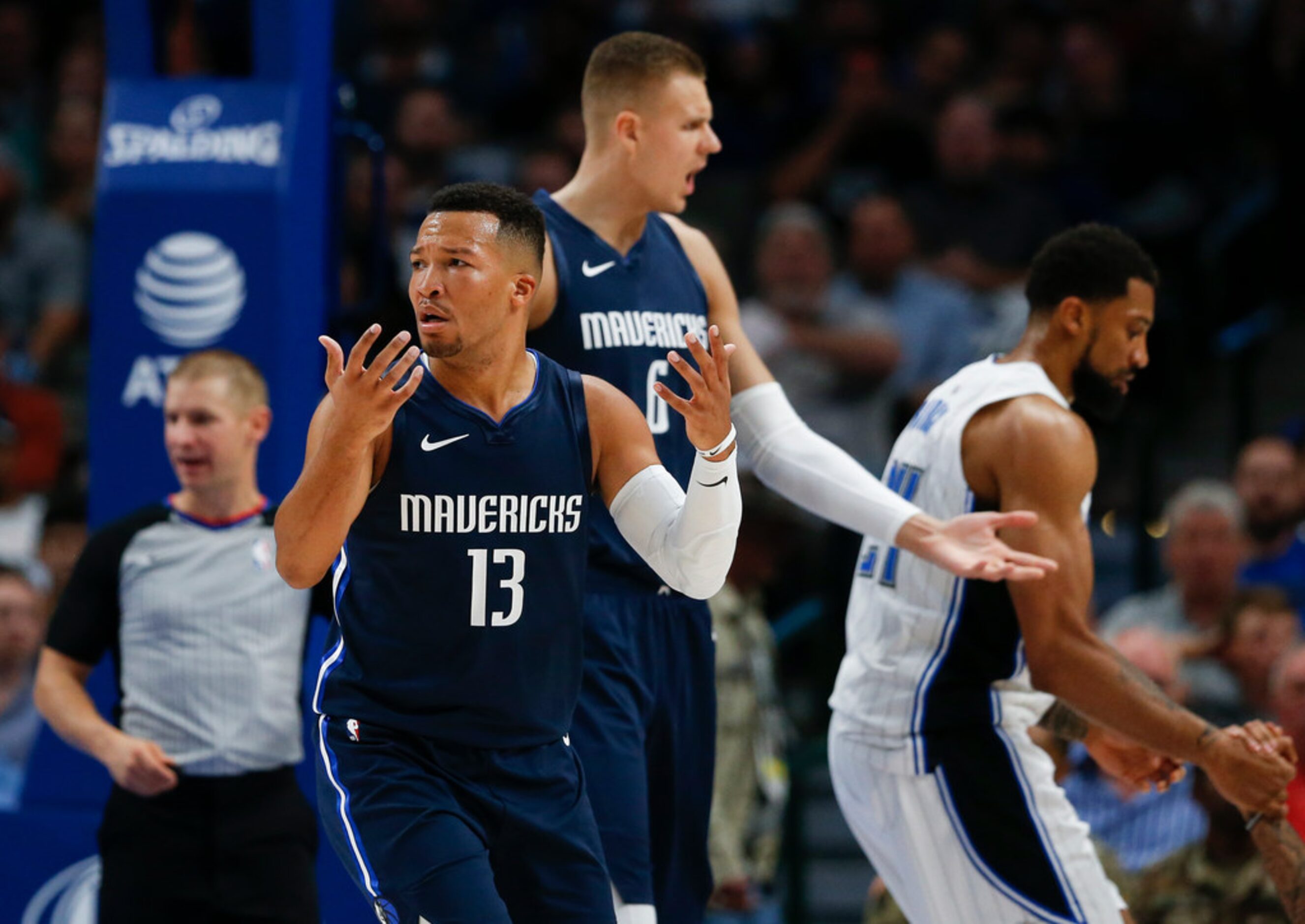 Dallas Mavericks guard Jalen Brunson (13) reacts to an official's call during the second...