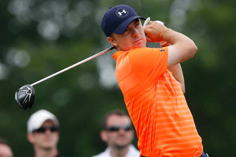 Jun 6, 2015; Dublin, OH, USA; Jordan Spieth tees off at the first hole during the third...