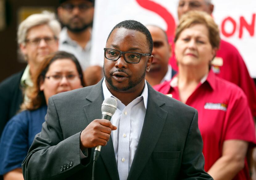 Our Community, Our Schools representative Edward Turner spoke last April to those gathered...