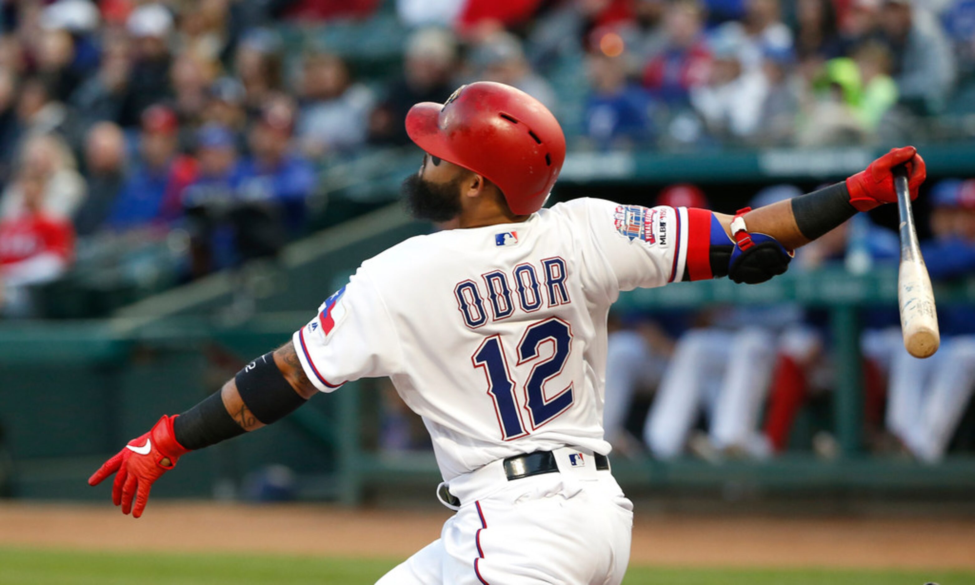 ARLINGTON, TX - APRIL 1: Rougned Odor #12 of the Texas Rangers flies out against the Houston...