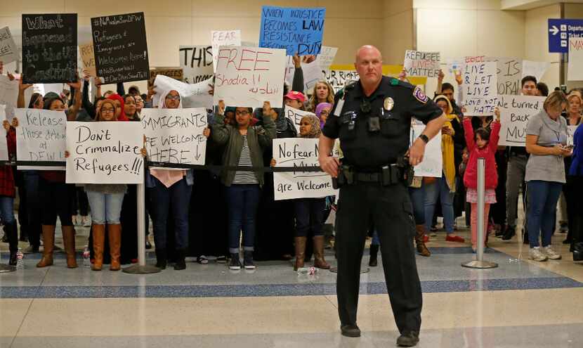 Demonstrators gathered at DFW Airport late last month to show their opposition to President...