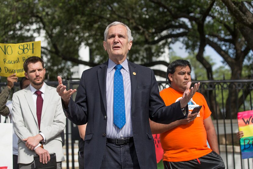 Rep. Lloyd Doggett, D-Austin, spoke out against Texas' sanctuary cities ban at a protest in...