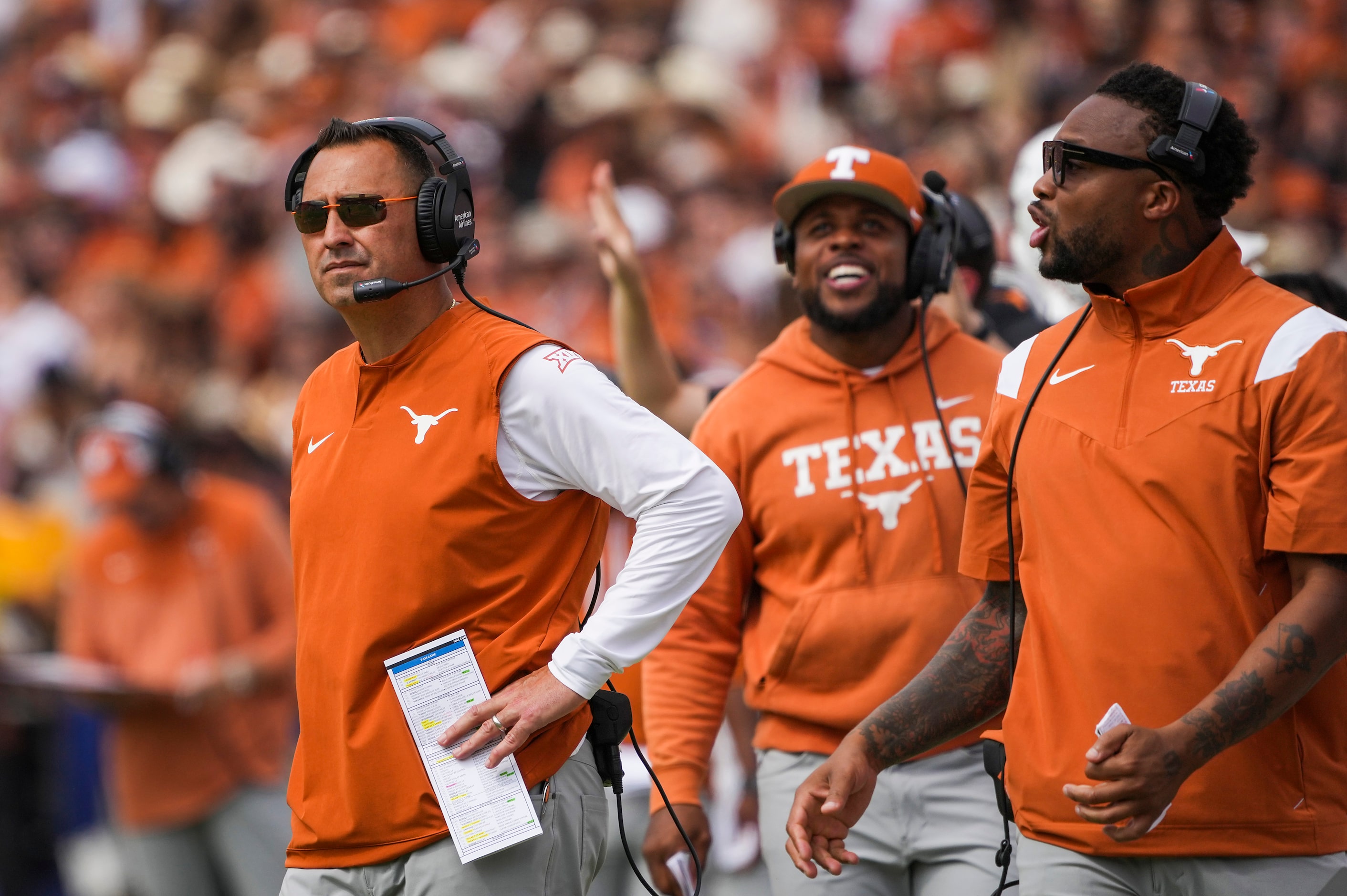 Texas head coach Steve Sarkisian looks on during the second half of the annual Red River...