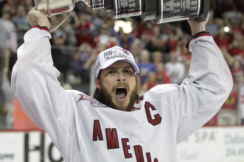 Americans' Jamie Schaafsma (22) celebrates with the Kelly Cup after Game 7 of the ECHL Kelly...