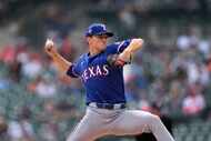 Texas Rangers pitcher Jack Leiter throws against the Detroit Tigers in the third inning of a...