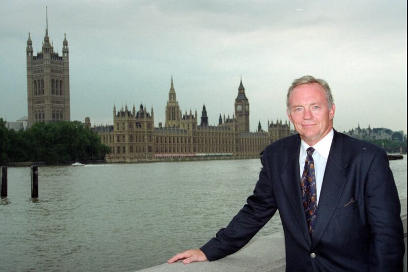 Dallas Cowboys team owner Jerry Jones in front of London's House of Parliament and the Clock...