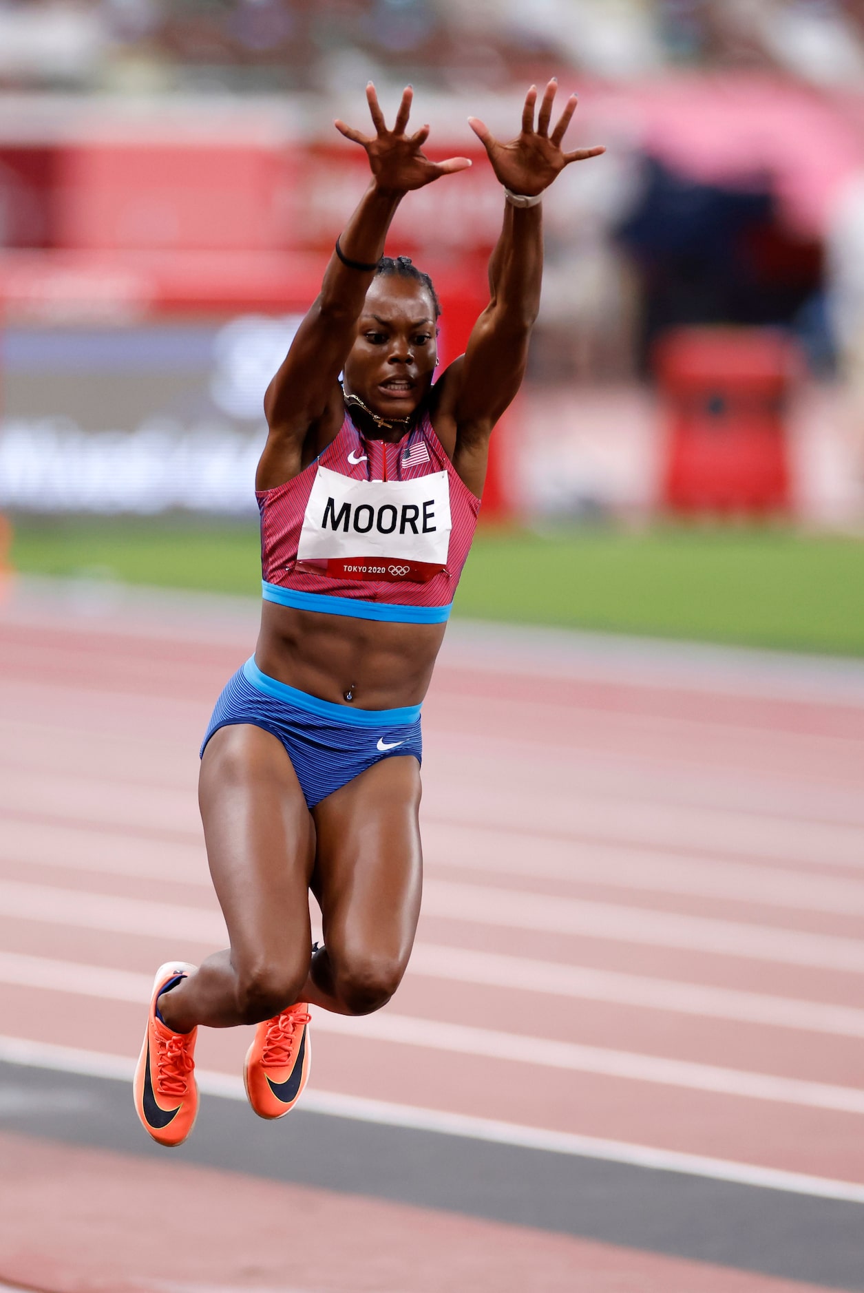 USA’s Jasmine Moore competes in the women’s triple jump qualification round during the...