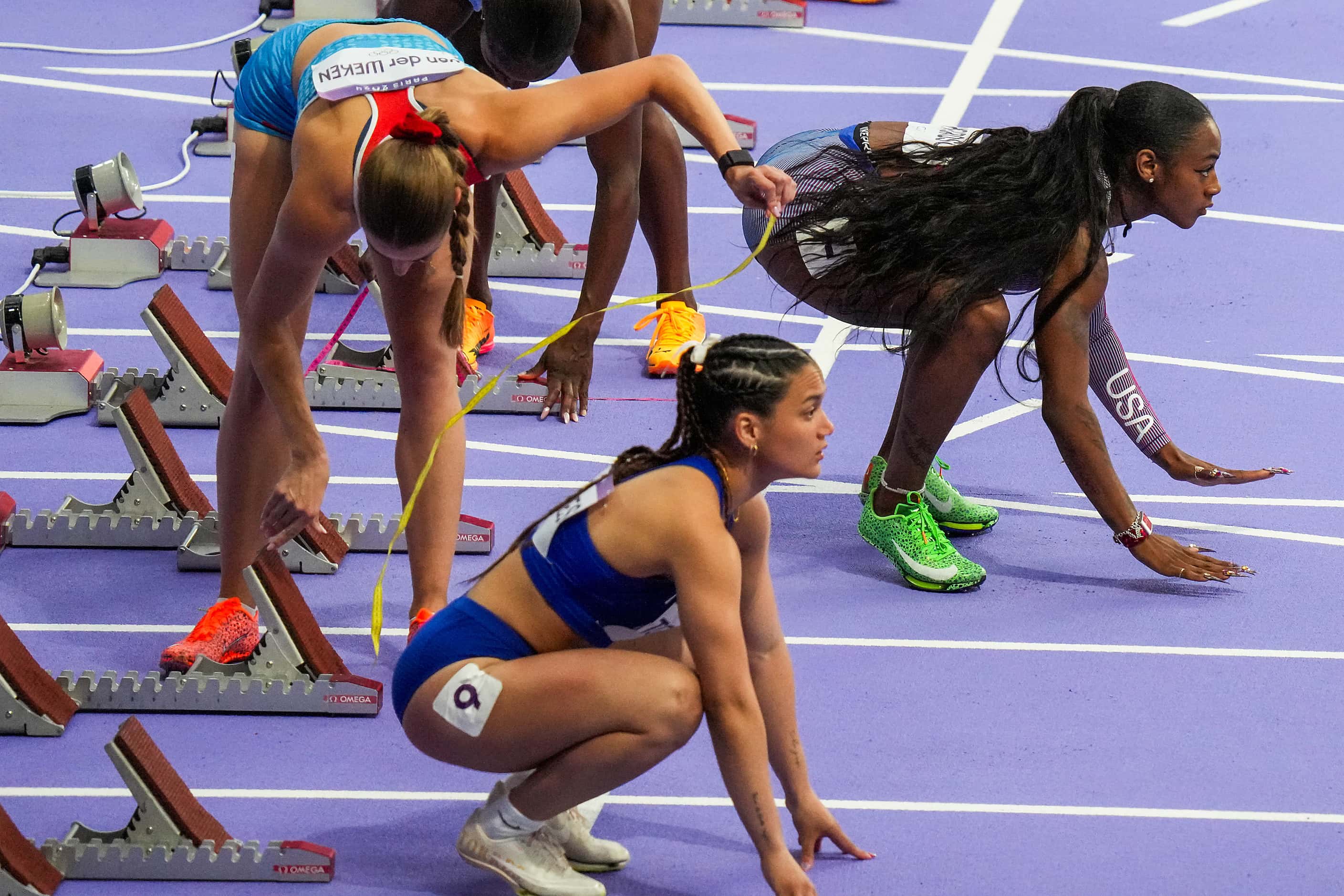 Sha'carri Richardson of the United States (7) prepares for the start of a women’s 100-meter...
