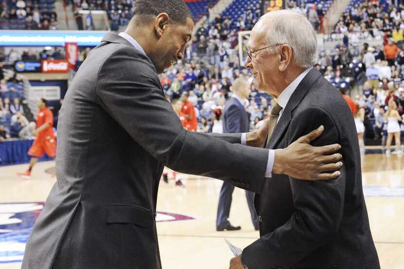 Connecticut Huskies Head coach Kevin Ollie and Southern Methodist Mustangs Head Coach Larry...