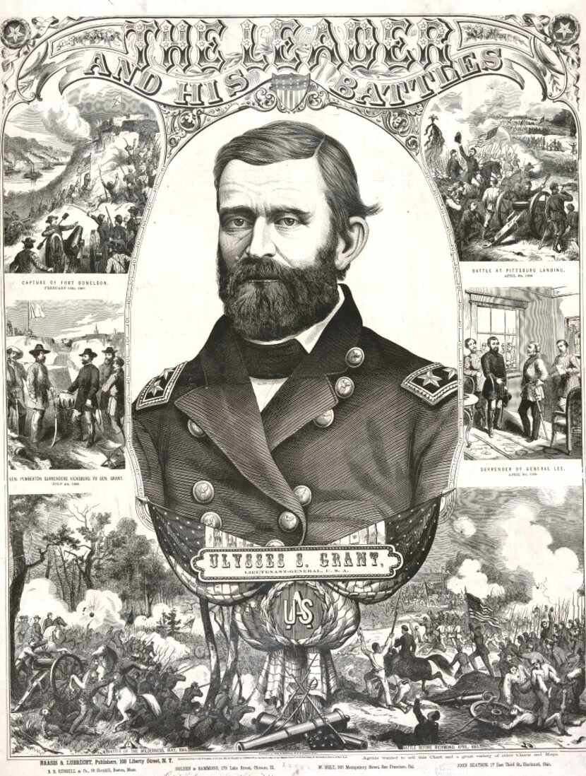 A lithograph from 1866 shows Ulysses S. Grant with scenes of battles from the U.S. Civil War.