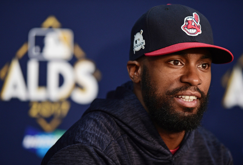 FILE - This Oct. 6, 2017 file photo shows Cleveland Indians' Austin Jackson answering...