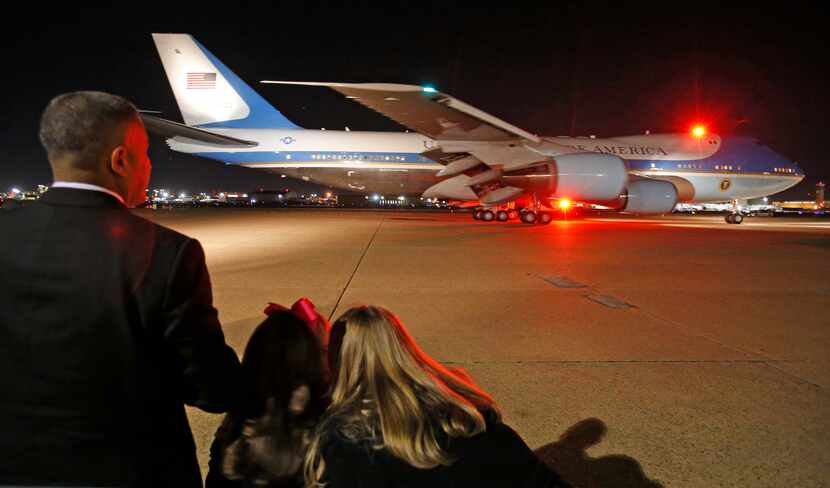 Air Force One taxis out after President Barack Obama's trip to Dallas, flying out of Love...