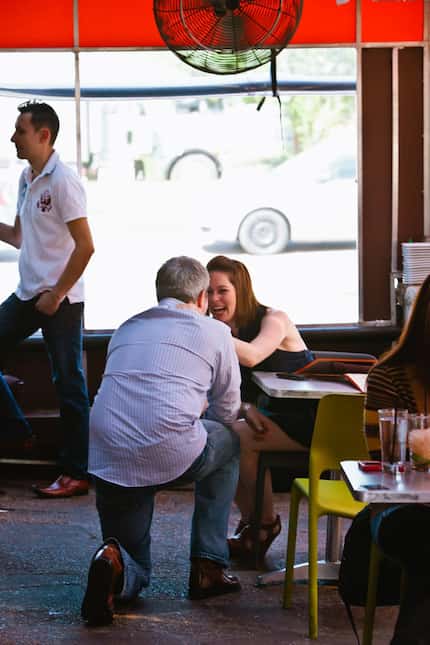 Chase Hanna surprised Sarah Blaskovich with a proposal at Bolsa in Oak Cliff in March 2012.
