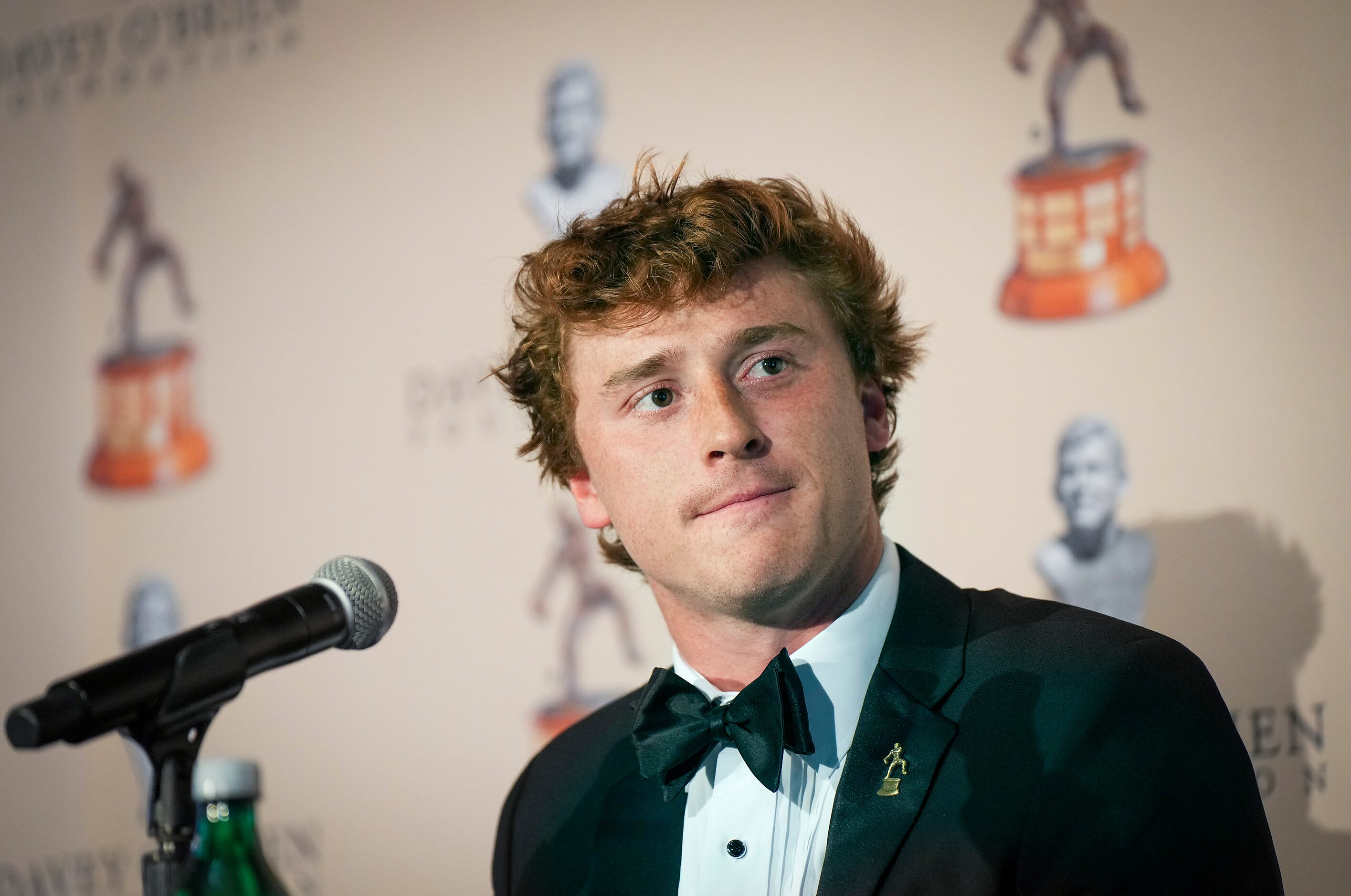 TCU quarterback Max Duggan speaks to reporters during a news conference for the Davey...