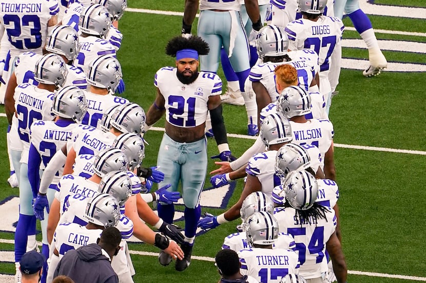 Dallas Cowboys running back Ezekiel Elliott takes the field to face the Atlanta Falcons in...