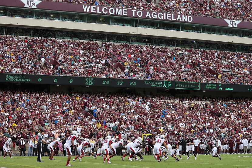 The Arkansas Razorbacks and the Texas A&M Aggies play at Kyle Field on September 29, 2012 in...