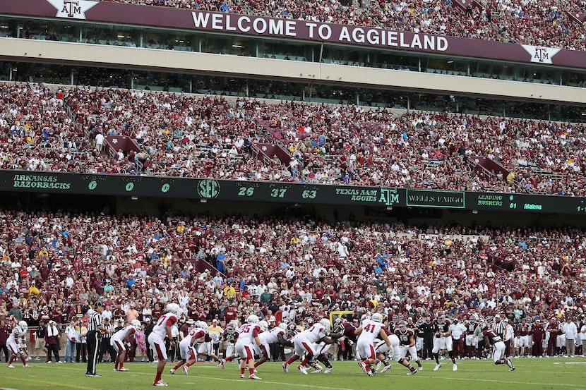 The Arkansas Razorbacks and the Texas A&M Aggies play at Kyle Field on September 29, 2012 in...