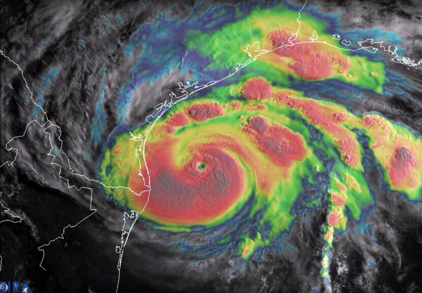 This blended visible/infrared image of Hurricane Harvey from the National Oceanic and...