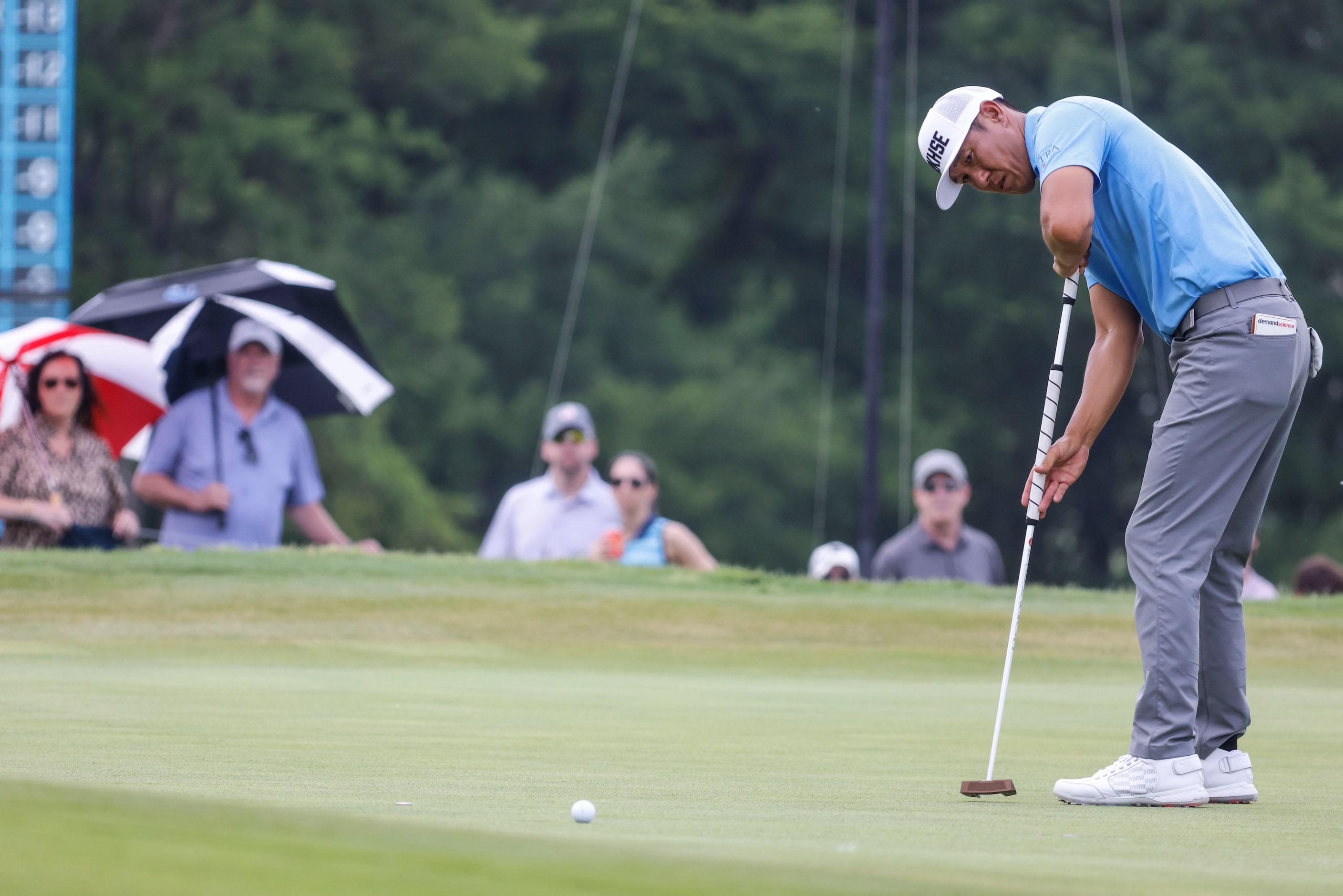  James Hahn, of the United States, putts on the 18th hole during the second round of the...