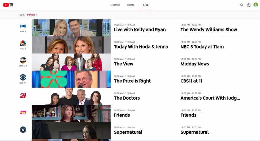 The guide screen of YouTube TV.