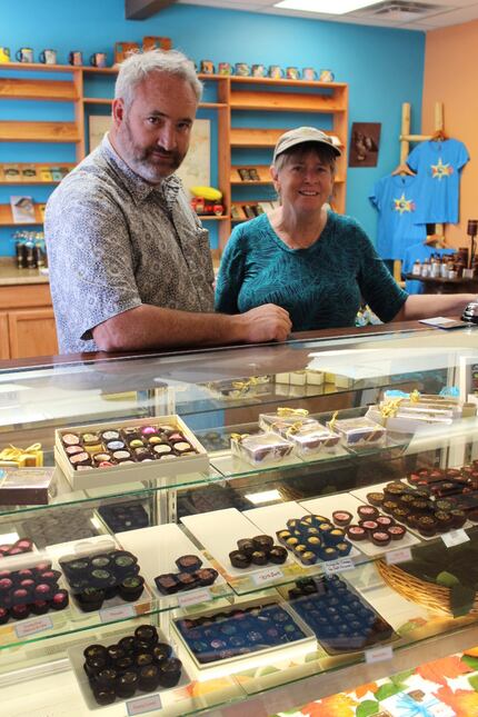 Owners Derek Lanter and Melanie Boudar in the chocolate shop at Cacao in Santa Fe. 