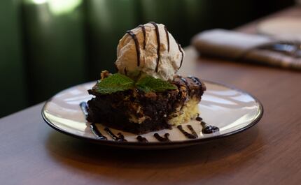 One of the best desserts at the new, redone Porch in Dallas is the black and white brownie. 