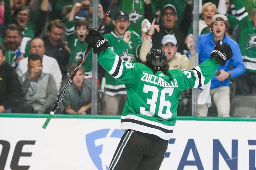 Dallas Stars center Mats Zuccarello (36) celebrates his goal during game four of the NHL...