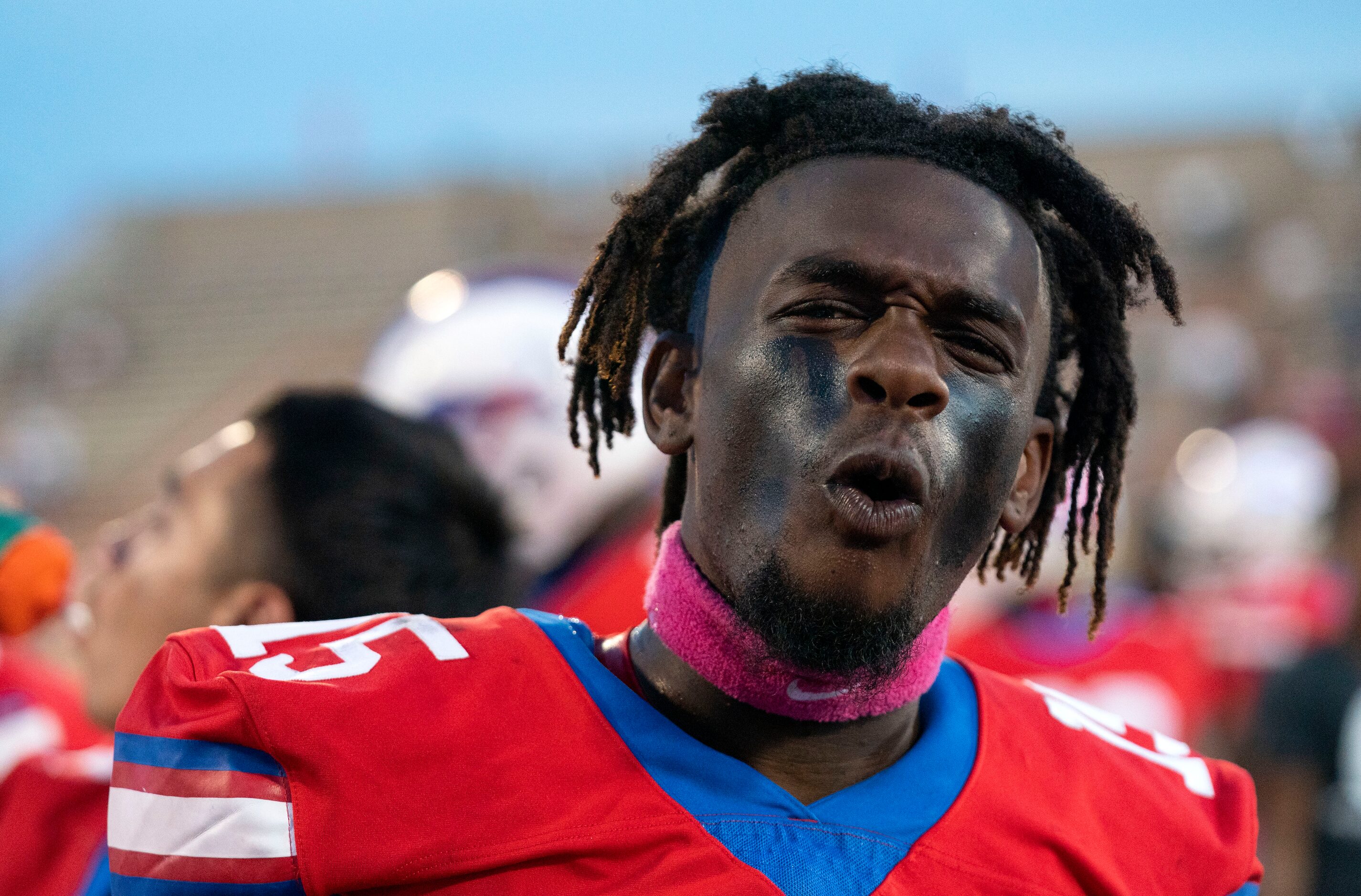 Duncanville senior defensive back Lamoderick Spencer (15) reacts on the sidelines before a...