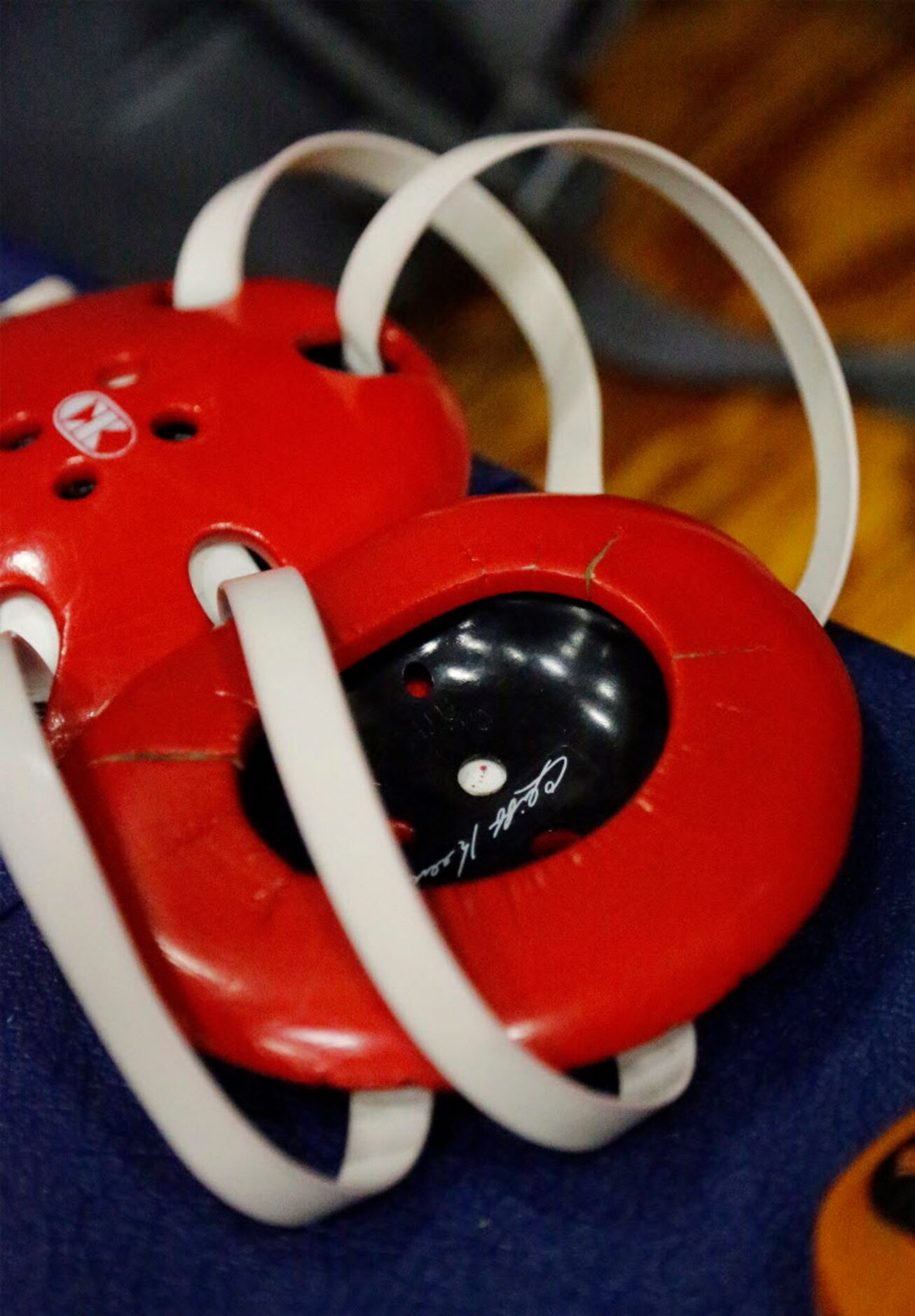 Wrestling ear guards waiting to be used during the 5A Region II wrestling meet held at...