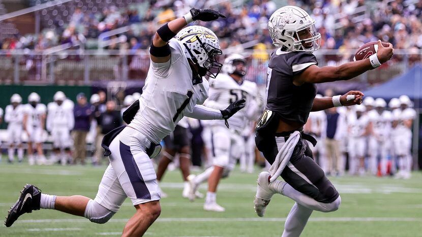 Lewisville quarterback Ethan Terrell (right) avoids Keller defensive back Matthew Anderson...