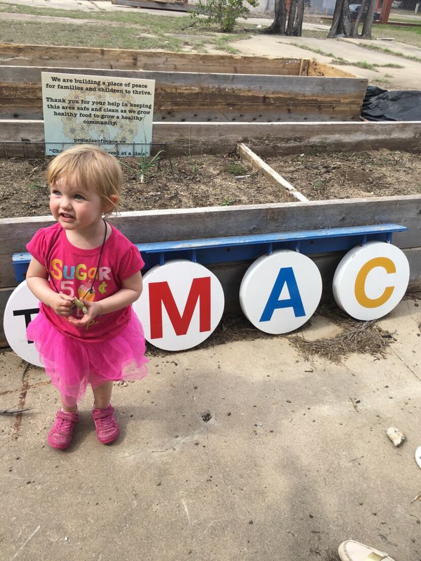 Kara Wigzell, 2, of Dallas at The MAC POP Garden open house.
