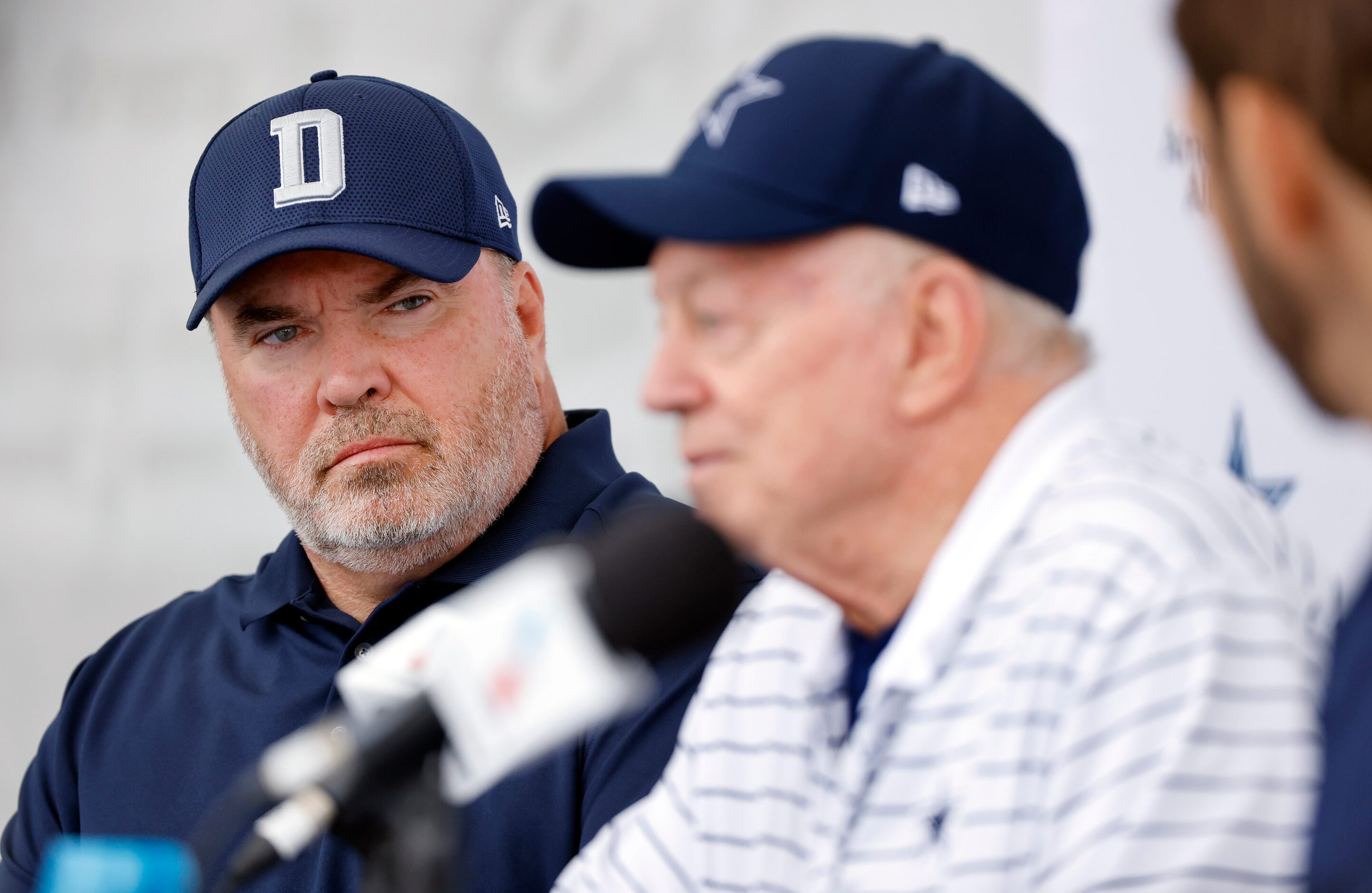 Dallas Cowboys head coach Mike McCarthy (left) listens to owner Jerry Jones speak during the...