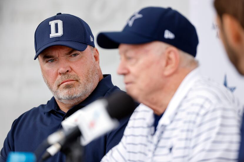 Dallas Cowboys head coach Mike McCarthy (left) listens to owner Jerry Jones speak during the...