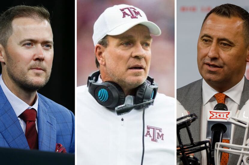 From L to R: Oklahoma coach Lincoln Riley, Texas A&M coach Jimbo Fisher and Texas coach...