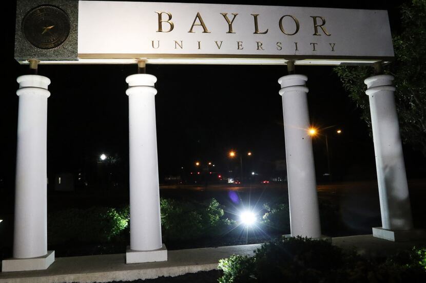 A Baylor University sign on the school's Waco campus..