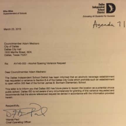  The letter from DISD to the city concerning Pie Tap and the district's opposition to the...