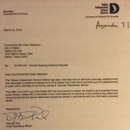  The letter from DISD to the city concerning Pie Tap and the district's opposition to the...