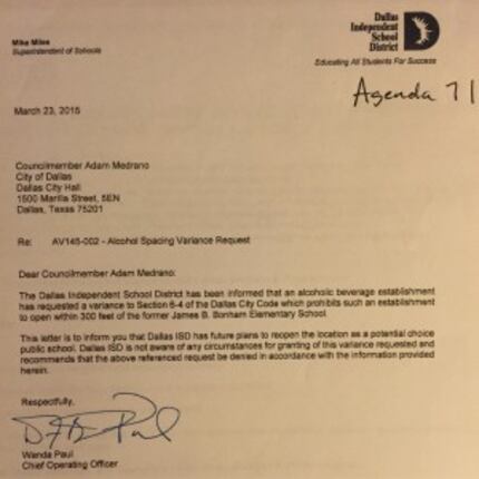  The letter from DISD to the city concerning Pie Tap and the district's opposition to the...