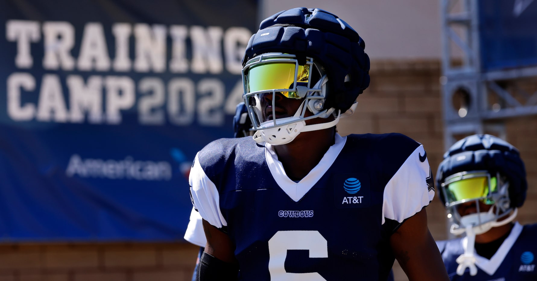 Dallas Cowboys safety Donovan Wilson (6) walks to the fields for training camp practice in...