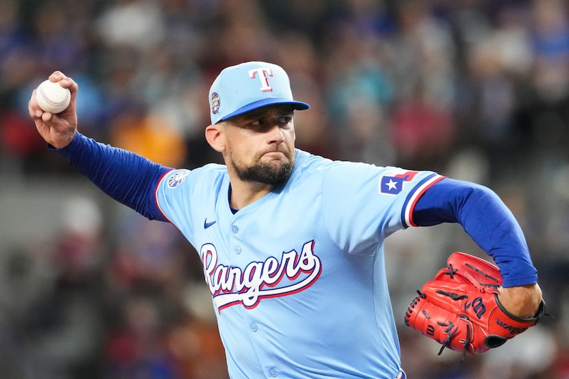 Texas Rangers pitcher Nathan Eovaldi (17) delivers during the first inning against the Tampa...