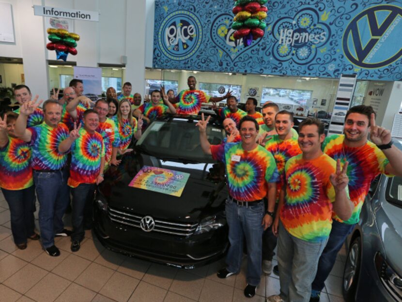 The sales staff at Lewisville Volkswagen dresses in tie-dyed T-shirts and blue jeans. “We...