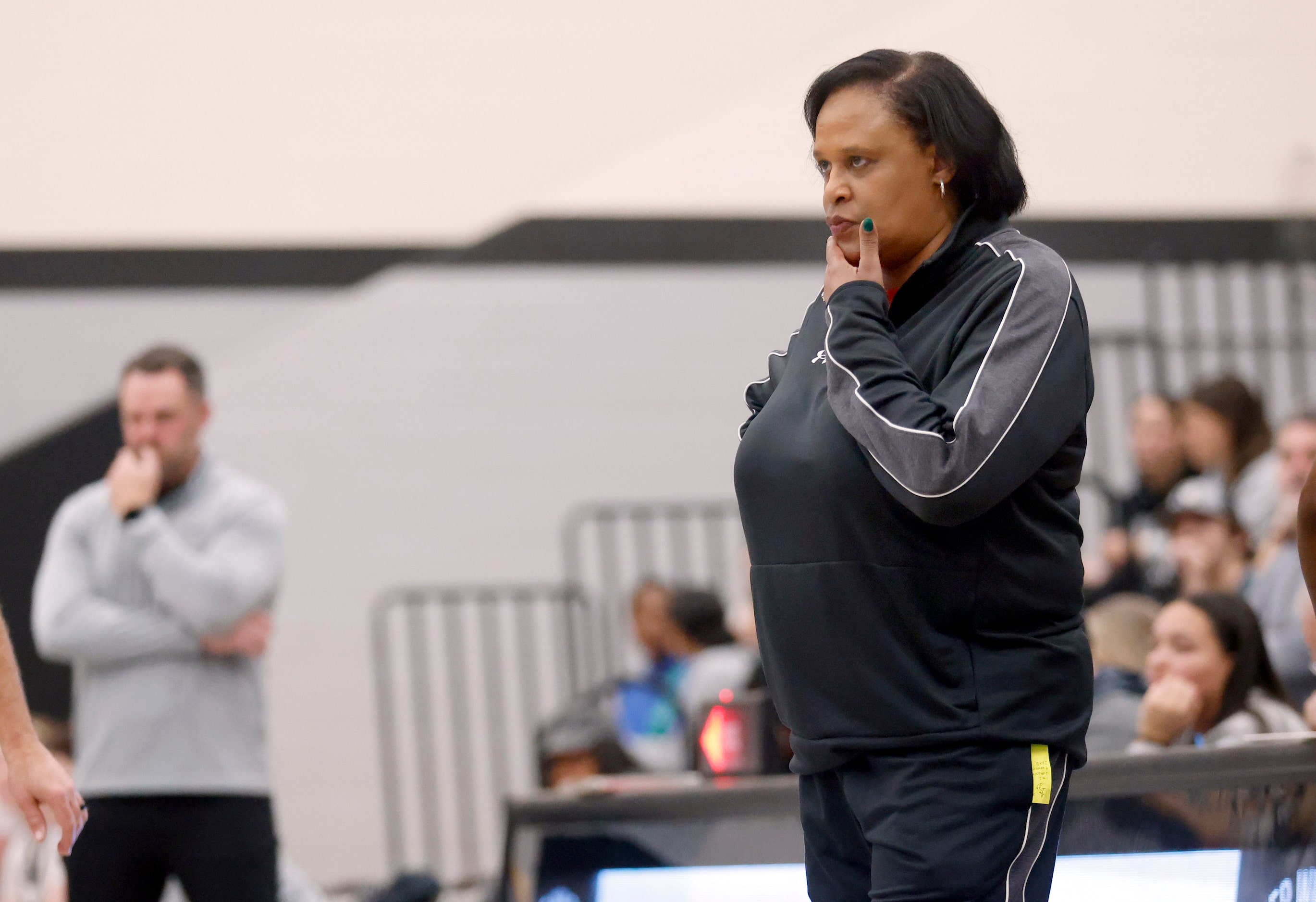 Denton Braswell head coach Lisa Williams watches her team face Denton Guyer in a District...