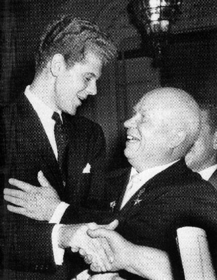  Soviet Premier Nikita Khrushchev embraces Texas pianist Van Cliburn on April 14, 1958, in...