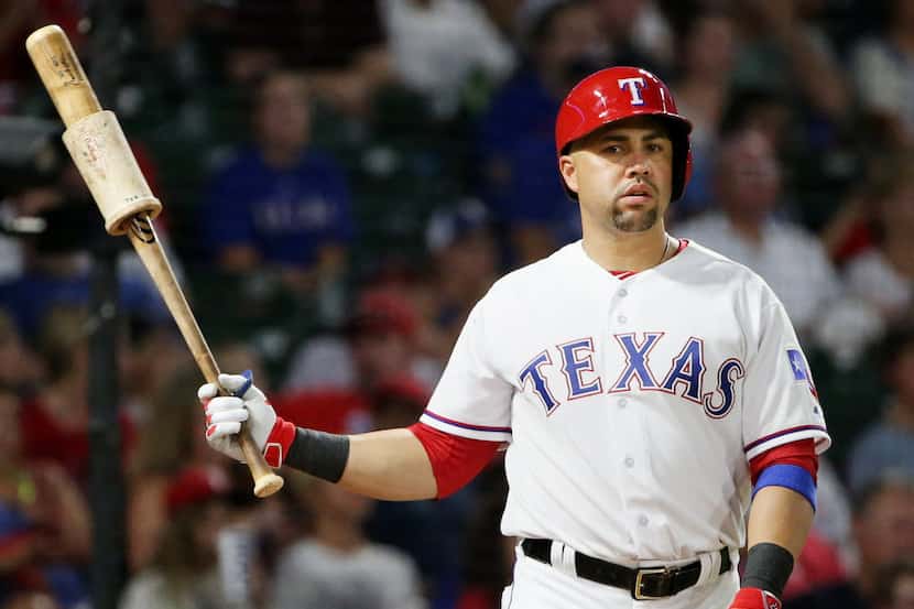 Texas Rangers right fielder Carlos Beltran (36) stands on deck during a Major League...