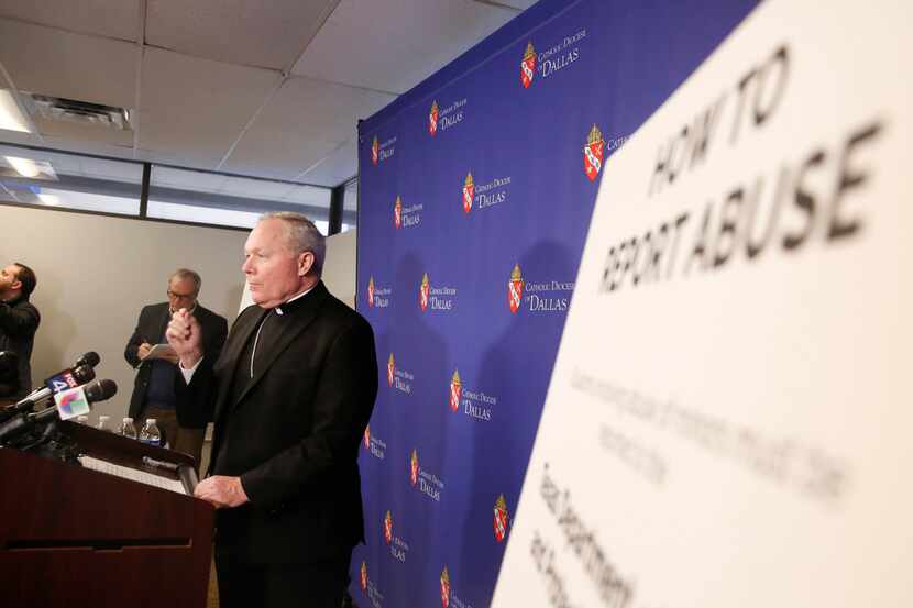 Bishop Edward Burns speaks during a news conference Thursday at the Catholic Diocese of Dallas.