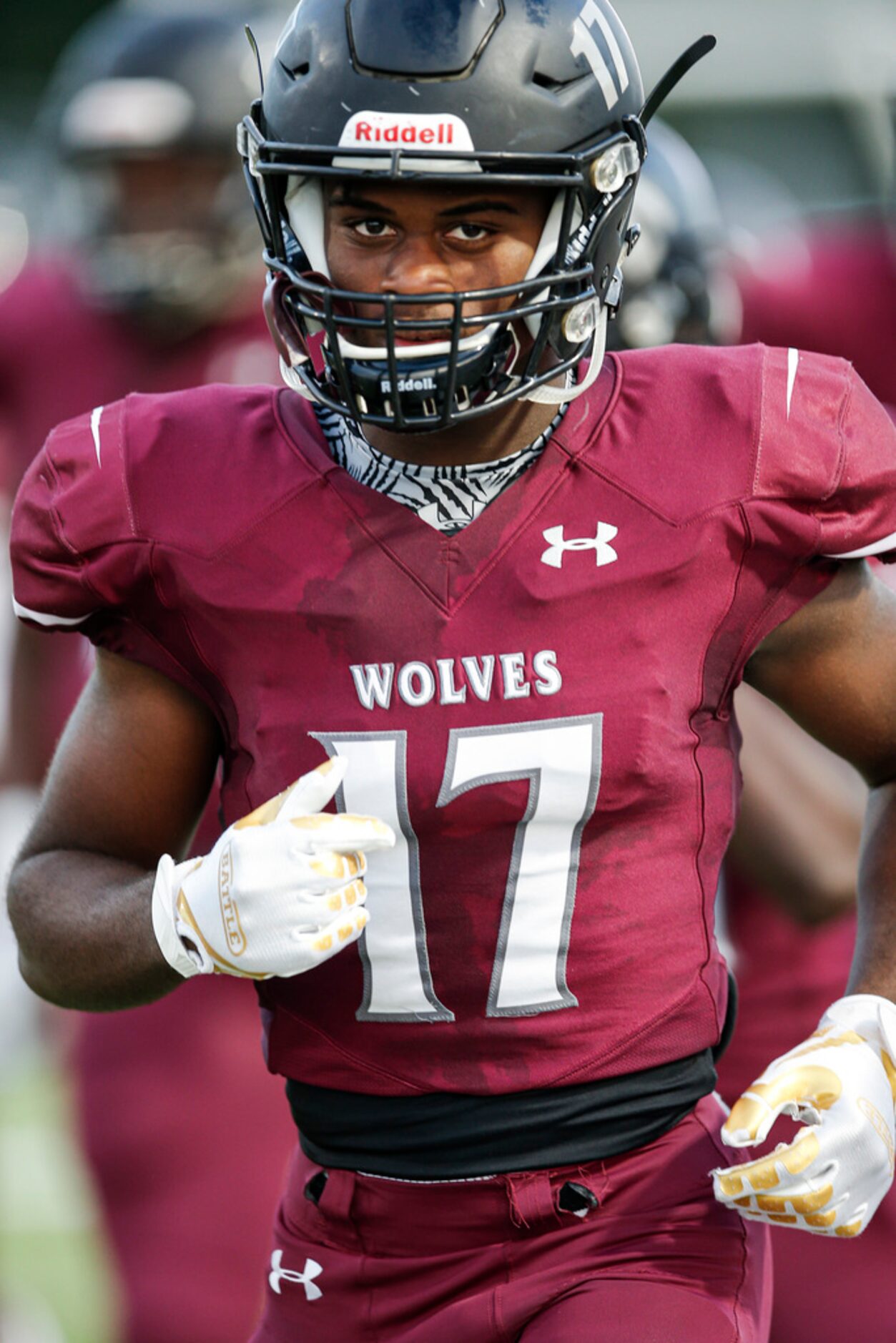 TXHSFB Mansfield Timberview sophomore defensive back Landon Hullaby (17) takes the field...