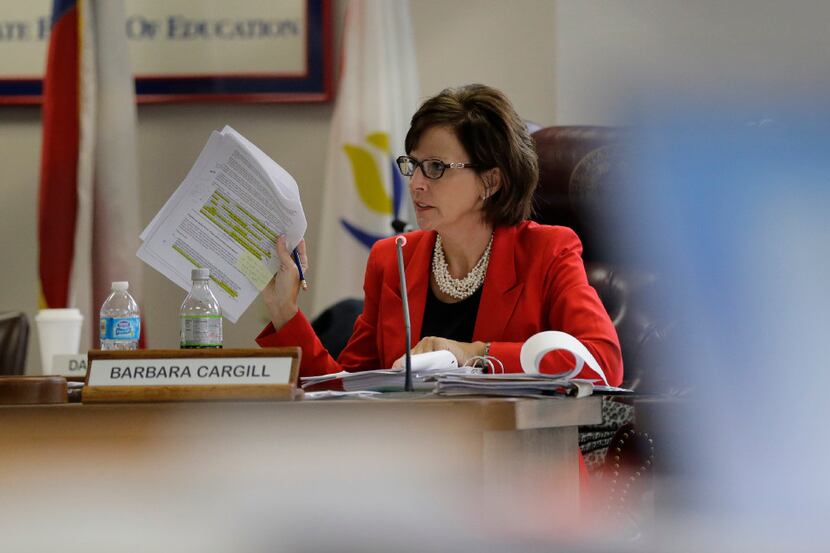 Texas Board of Education chair Barbara Cargill leads the groups meeting,Thursday, Nov. 21,...