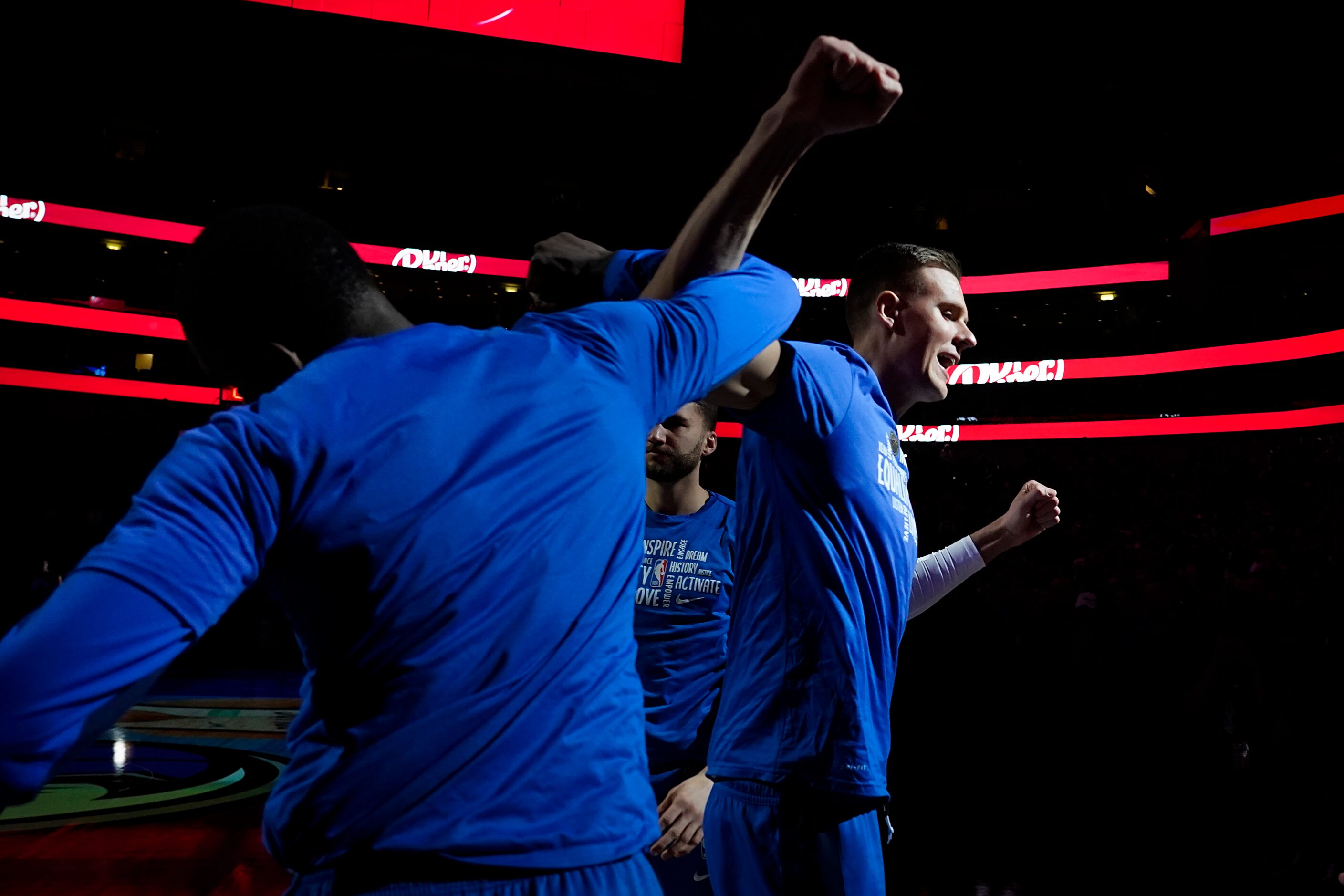 Dallas Mavericks forward Kristaps Porzingis takes the court before an NBA basketball game...