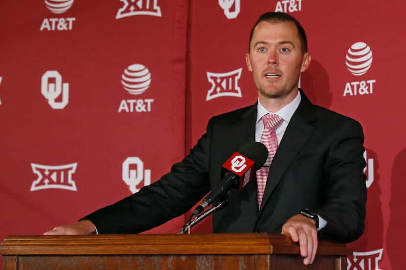 In this Wednesday, June 7, 2017 photo, Lincoln Riley speaks at a news conference where he...