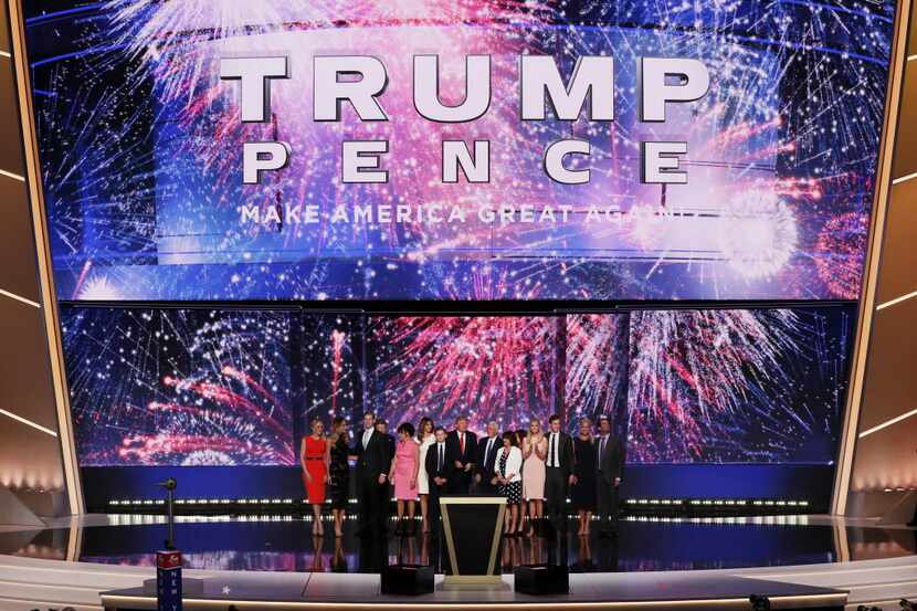 Presidential nominee Donald Trump, running mate Mike Pence and their families take the stage...